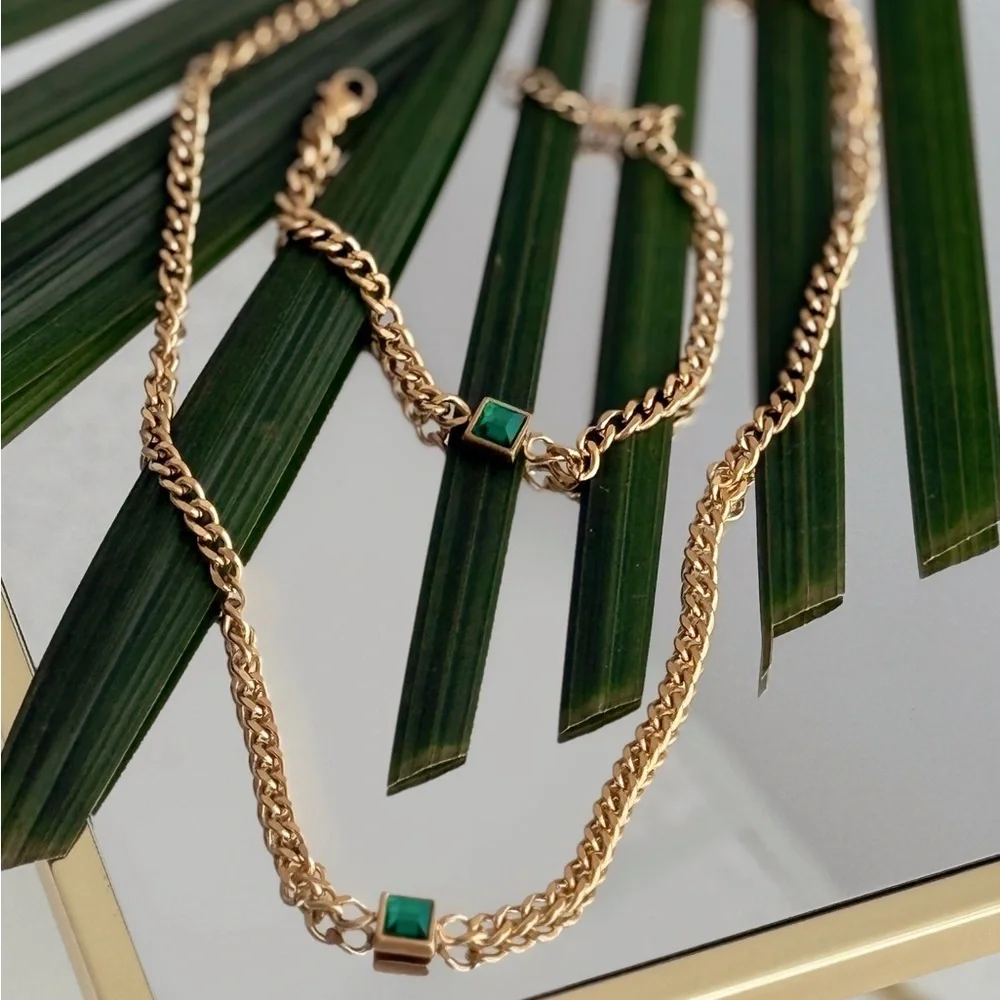Gold Chain Necklace and Bracelet Set with Green Accents - Picture 3 of 4